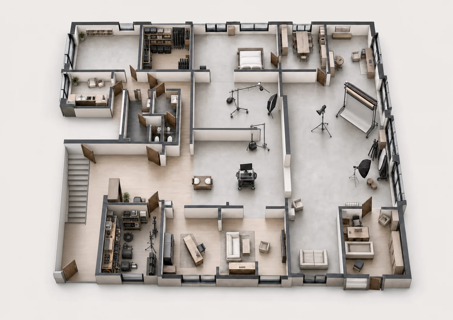 Isometric 3D visualization of the main studio floor plan with professional lighting equipment